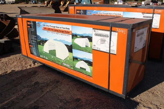 30 X 60FT PEAK CEILING STORAGE SHELTER W/ 12FT DRIVE THROUGH DOOR AT TWO ENDS