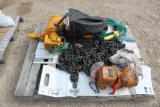 PALLET OF HOISTS, CHAINS, AND HOSES