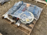 PALLET OF MISCELLANEOUS TRACTOR ITEMS, DRAW BARS AND RIM