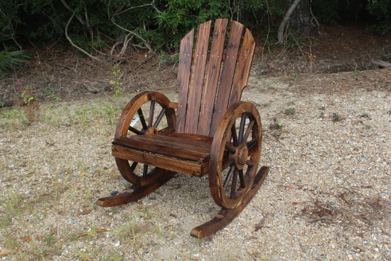 WOOD WAGON WHEEL ROCKING CHAIR