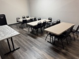 Party Room Contents w/ (3) Folding Tables, (18) Chairs, Side Table, Trash C