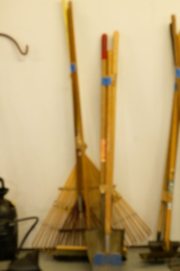 2 Rakes, Broom, 3 Shovels, Scraper