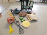 Boxes, Oriental Pieces, 2 Wood Plates, Burma Rocks, 2 Tea Pots, Screen, Misc