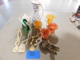 Boxes- 3 Alabster Mushrooms, 1 Vase, Pitcher, Necklaces, Misc
