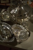 Silver Plated Chaffing Dish, 6 Silver Plated Serving Trays, Vase