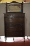 3/4 Mahogany Art Deco Chest with Mirror, Reeded Columns