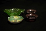 2 Amethyst Bowls, Green Dish, Small Oriental Bowl
