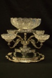 Silver Plated Table Center Piece Cut Glass Master Bowl and 4 Smaller Bowls