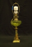 Vaseline Glass Lamp With Marble Column & Brass Base