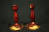 Pair of Oriental Painted Wood Candlesticks