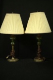 Pair of Brass and Green Glass Lamps