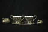 Silver Plated Sugar & Creamer, Tongs With Porcelain Wash, & Quail Salt/Pepper