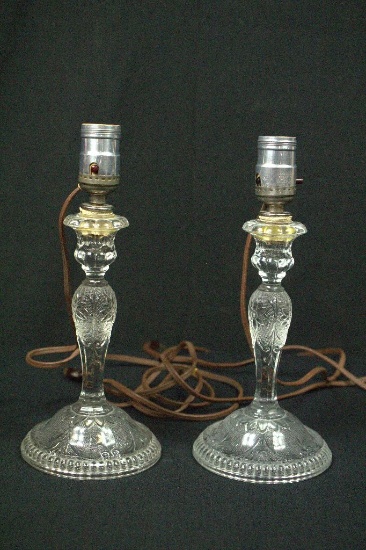 Pair of Sandwich Glass Candlesticks With Electric Lamp Inserts