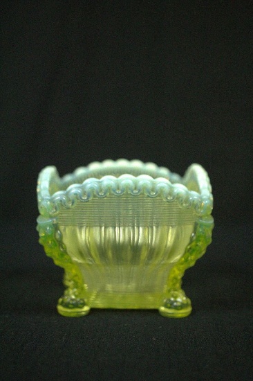 Vaseline Glass Footed Square Bowl