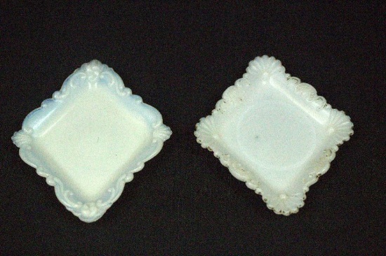 2 Diamond Shape Milk Glass Dresser Trays