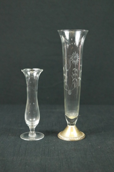 Etched Glass Vase With Silver Plated Base, Small Fluted Vase