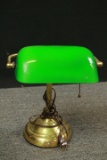 Brass Desk Lamp with Green Glass Shade