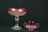 Pressed Glass Bowl & Footed Bowl With Cranberry Trim