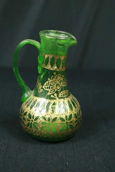 Green Glass Pitcher With Gold Painted Trim
