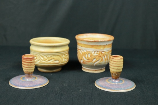 2 Pottery Candle Stick Holders & 2 Pottery Cups