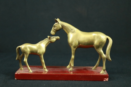 2 Brass Horses On Stand