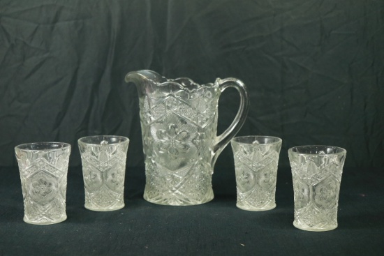 Pressed Glass Pitcher & 4 Glasses