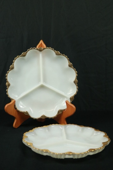 2 Milk Glass Divided Trays With Gold Trim
