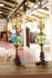 Pair Of Brass & Swirl Glass Lamps