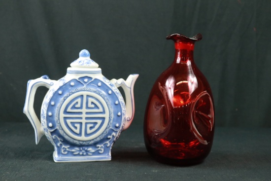 Oriental Tea Pot & Ruby Glass Vase