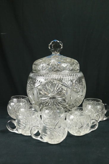 German Crystal Punch Bowl With Cover & 10 Cups