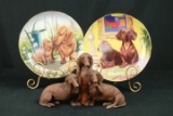 3 Dog Figurines & 2 Plates