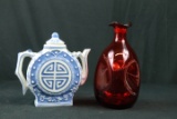 Oriental Tea Pot & Ruby Glass Vase