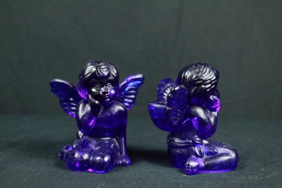 Pair Of Cobalt Glass Angels