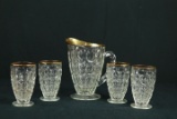 Pitcher & 4 Glasses With Gold Trim