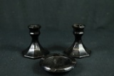 2 Onyx Glass Candle Holders, & Onyx Glass Ashtray