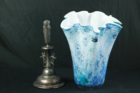 Silver Plated Candle Holder & Fluted Art Glass Vase