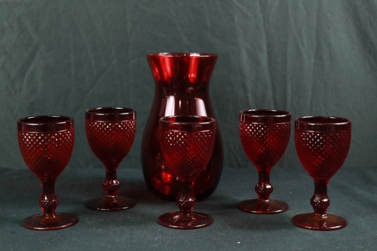 Red Glass Vase & 5 Red Stems