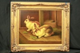 Gold Framed Oil On Canvas Rabbit Painting