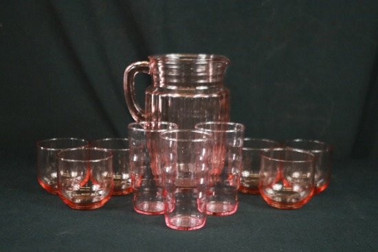 Pink Depression Glass Pitcher & 3 Glasses, And 6 Glasses