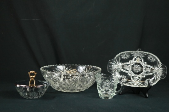 Pressed Glass Bowl, Divided Tray, Covered Dish, & Creamer