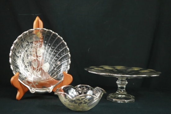 Silver Overlay Cake Stand, & 2 Silver Overlay Bowls