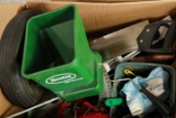 Box With Spreader, Wheel Barrow Tire, Saws, & Misc. Garden Tools