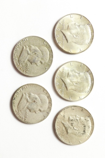 3 1964 Kennedy Halves, & 2 Franklin Halves 1952 & 1963