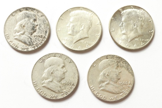 2 1964 Kennedy Halves & 3 Franklin Halves 1952, 1963, 1963