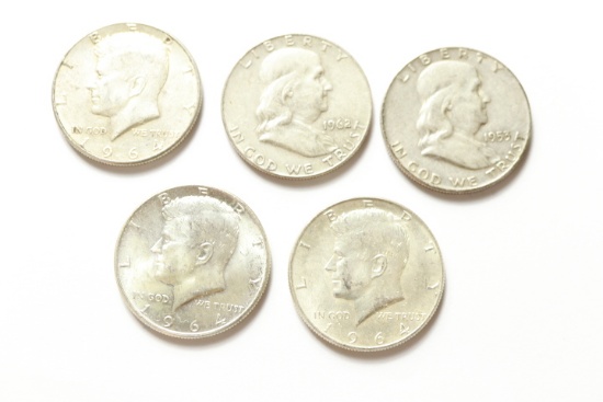 3 1964 Kennedy Halves, & 2 Franklin Halves 1953 & 1962