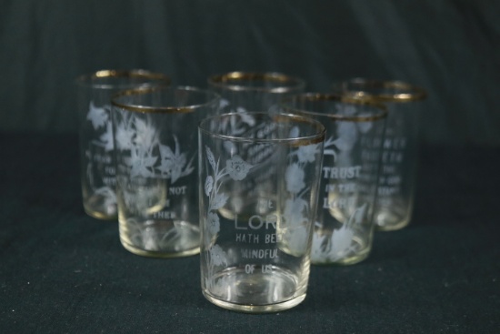 6 Small Glasses With Gold Rim & Etched Flowers