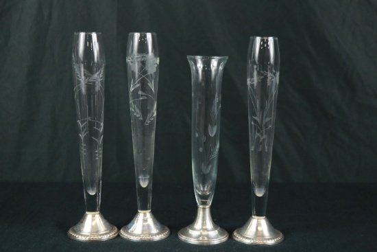 4 Fluted Vases With Etching And Silver Plate On Base