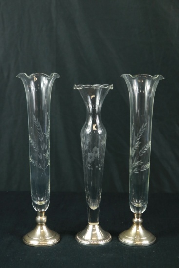 3 Etched Glass Vases With Sterling Base