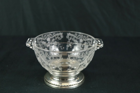 Etched Glass Divided Bowl With Silver Plate Base