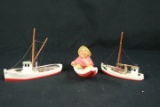 3 Wooden Carved Boats